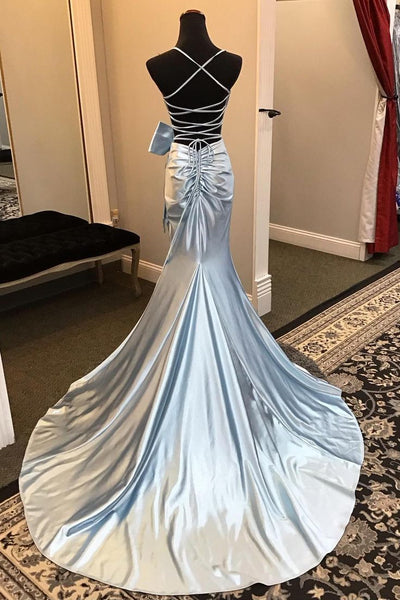 Spaghetti Long Mermaid Light Blue Soft Satin Prom Dresses With Bones, Newest Popular Prom Dresses