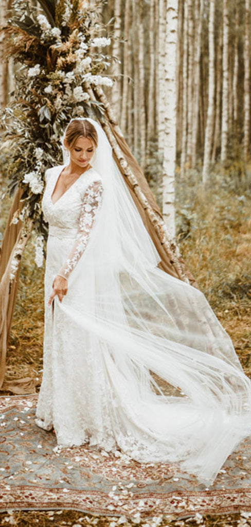 Long Sleeves Popular Lace Wedding Dresses, High Slit Lace Elegant Wedding  Dresses