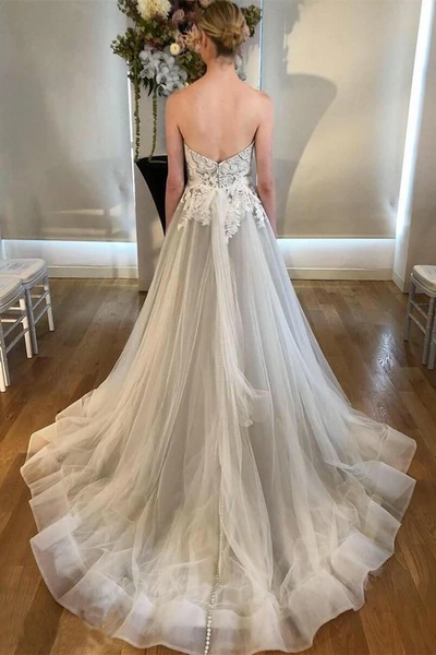 Sweetheart Long A-line Lace Wedding Dresses, Light Grey Wedding Dresses, Popular Bridal Gown