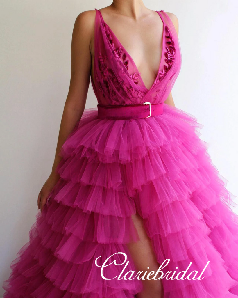 A Line V Neck Hot Pink Tulle Prom Dresses Formal Dresses-Pgmdress US10 / Pink