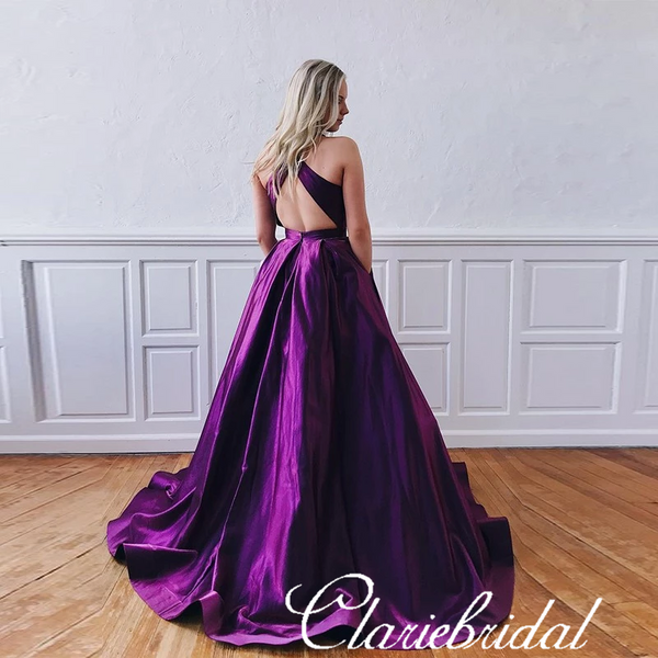 Long A-line Purple Satin Prom Dresses, Affordable Prom Dresses, High Quality Prom Dresses