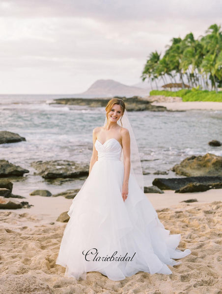 Sweetheart Strapless Beach Wedding Dresses, Tulle A-line Elegant Wedding Dresses