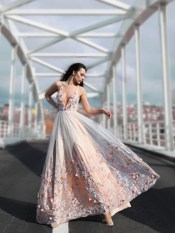 Deep V-neck Floral Long A-line Prom Dresses, Lovely Colorful Prom Dres –  ClaireBridal