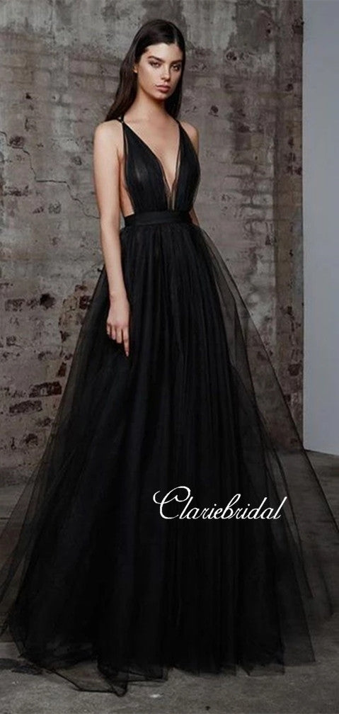 Deep V neck Black Tulle Prom Dresses Long A line Prom Dresses Chic P ClaireBridal