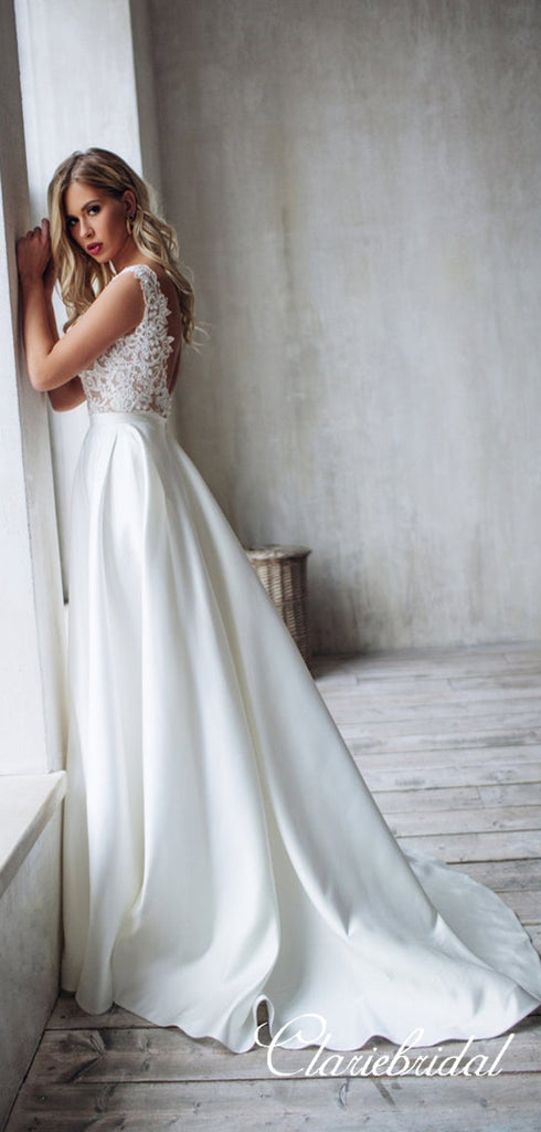 Lace Top Satin Skirt Long A-line Wedding Dresses, Bridal Gown – ClaireBridal
