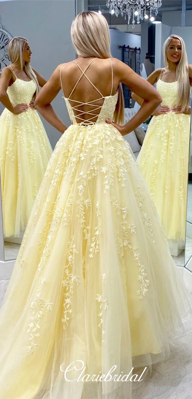 Yellow Lace Tulle Long Prom Dresses Lace UP Prom Dresses Popular 202 ClaireBridal