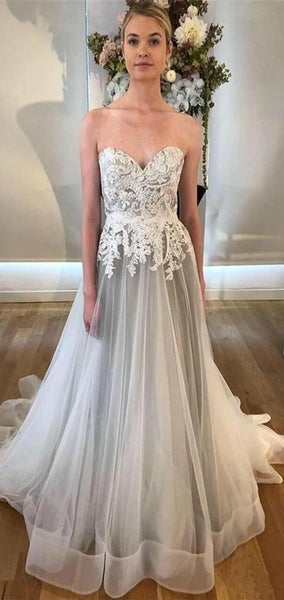 Sweetheart Long A-line Lace Wedding Dresses, Light Grey Wedding Dresses, Popular Bridal Gown
