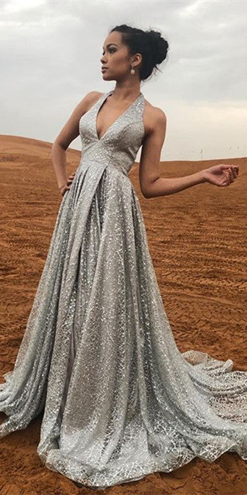 V neck Halter Long A line Silver Grey Sequin Tulle Prom Dresses Newest 2021 Prom Dresses